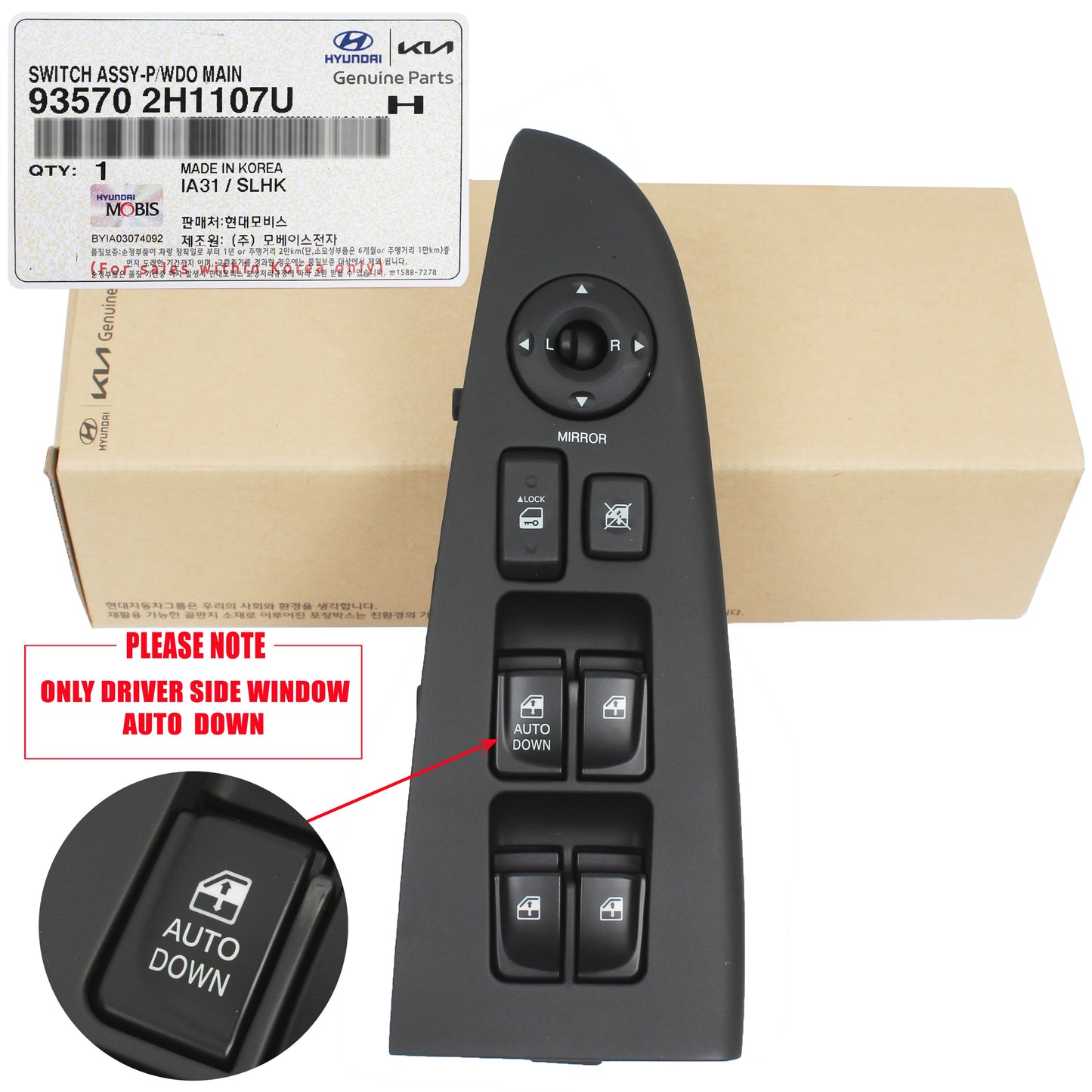 GENUINE Power Window Switch FRONT LEFT for 07-10 Hyundai Elantra 935702H1107U