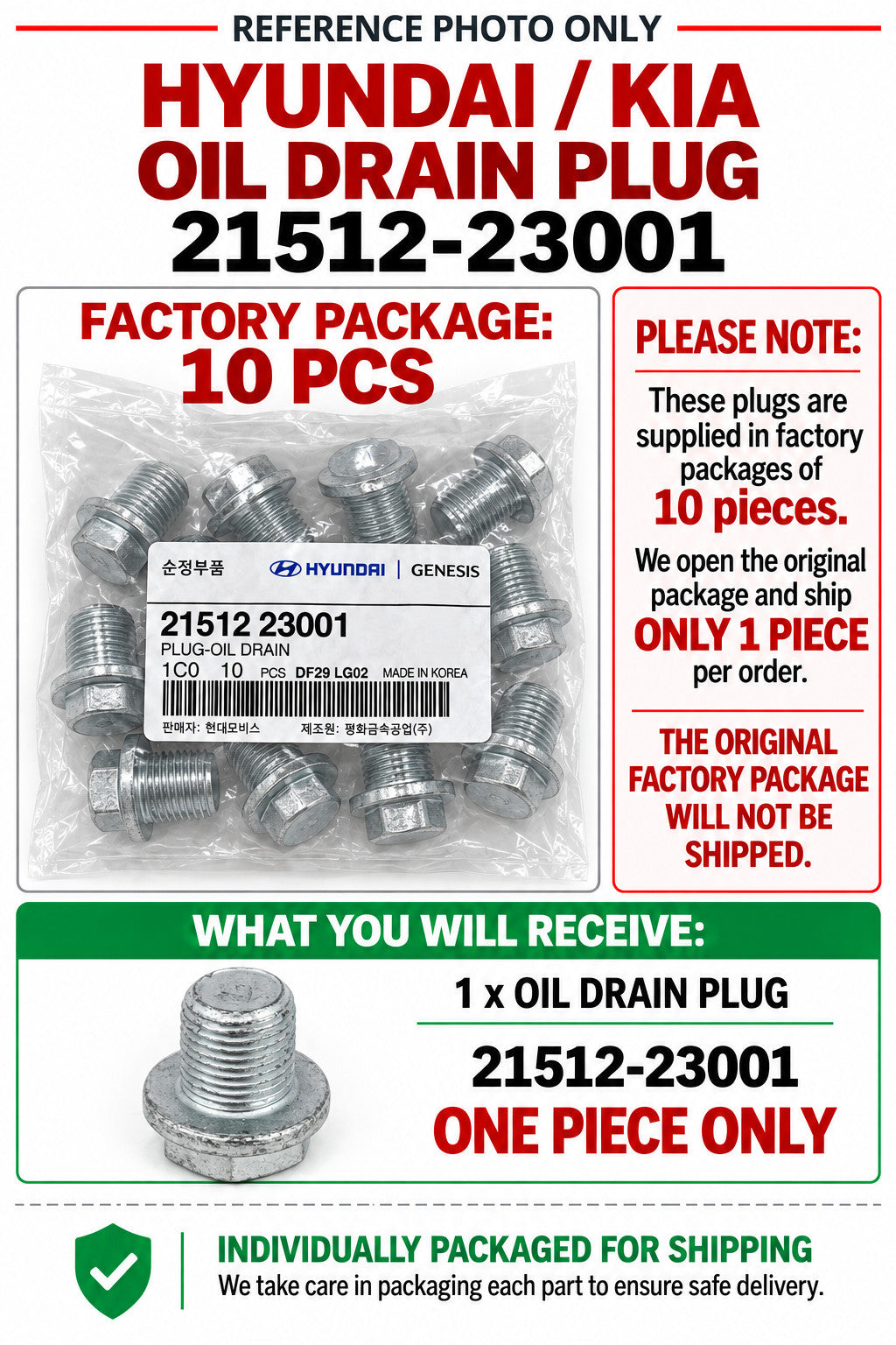 GENUINE Engine Oil Drain Plug OEM for Various Hyundai Kia Models 2151223001